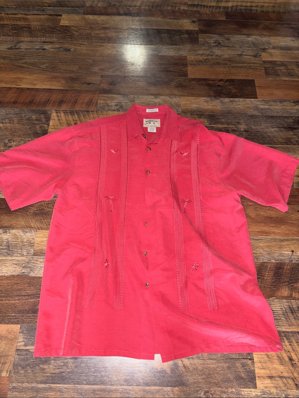 Bamboo Cay Men's Red Embroidered Tropical Button-Up Shirt